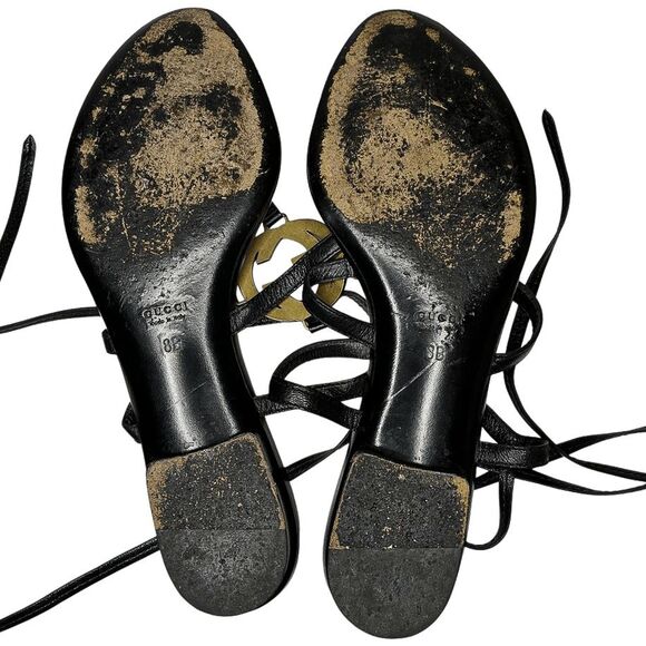 Gucci Interlocking G Black Leather Strappy Ankle Wrap Logo Thong Sandals Size 8B - Picture 10 of 11